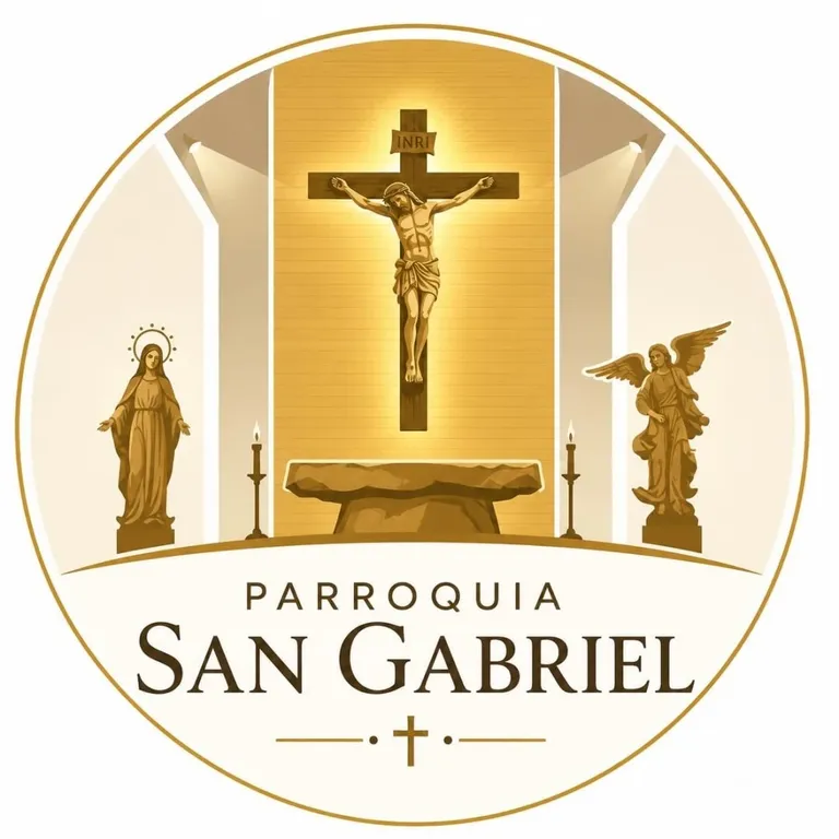 Logo de la Parroquia San Gabriel: crucifijo, la Virgen y San Gabriel Arcángel