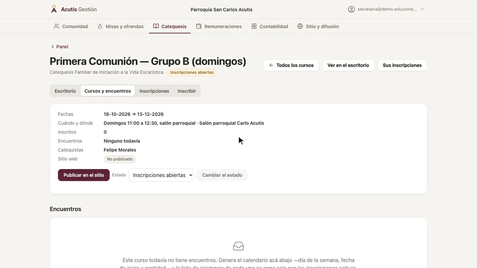 Ficha de un curso recién creado, con inscripciones abiertas y todavía sin publicar en el sitio