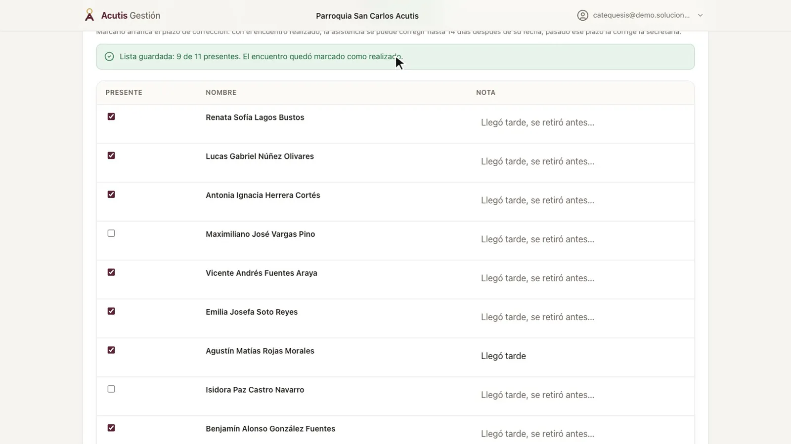 Pase de lista guardado, con el aviso de cuántos estuvieron presentes y el encuentro realizado