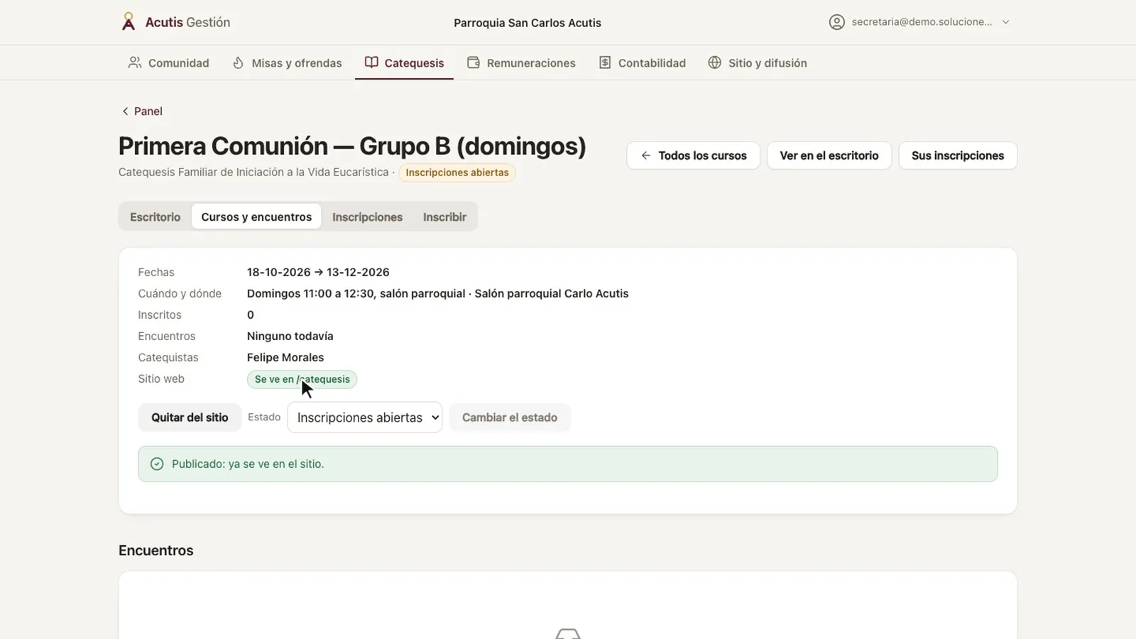 Ficha del curso con el aviso «Publicado: ya se ve en el sitio»