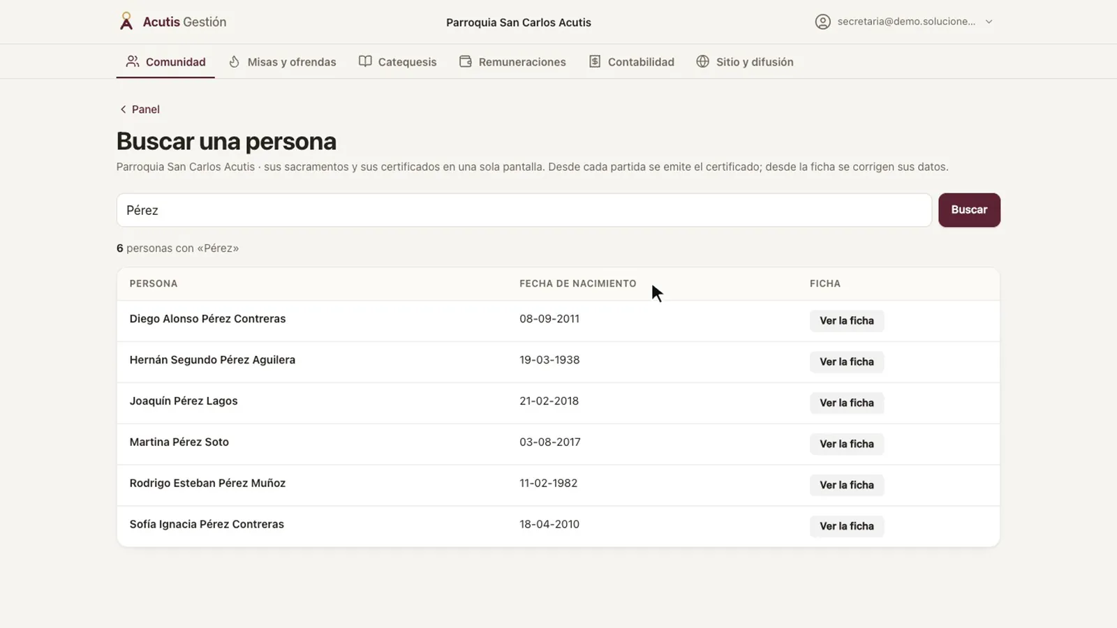 Resultados de una búsqueda por apellido, con la fecha de nacimiento y el botón «Ver la ficha»