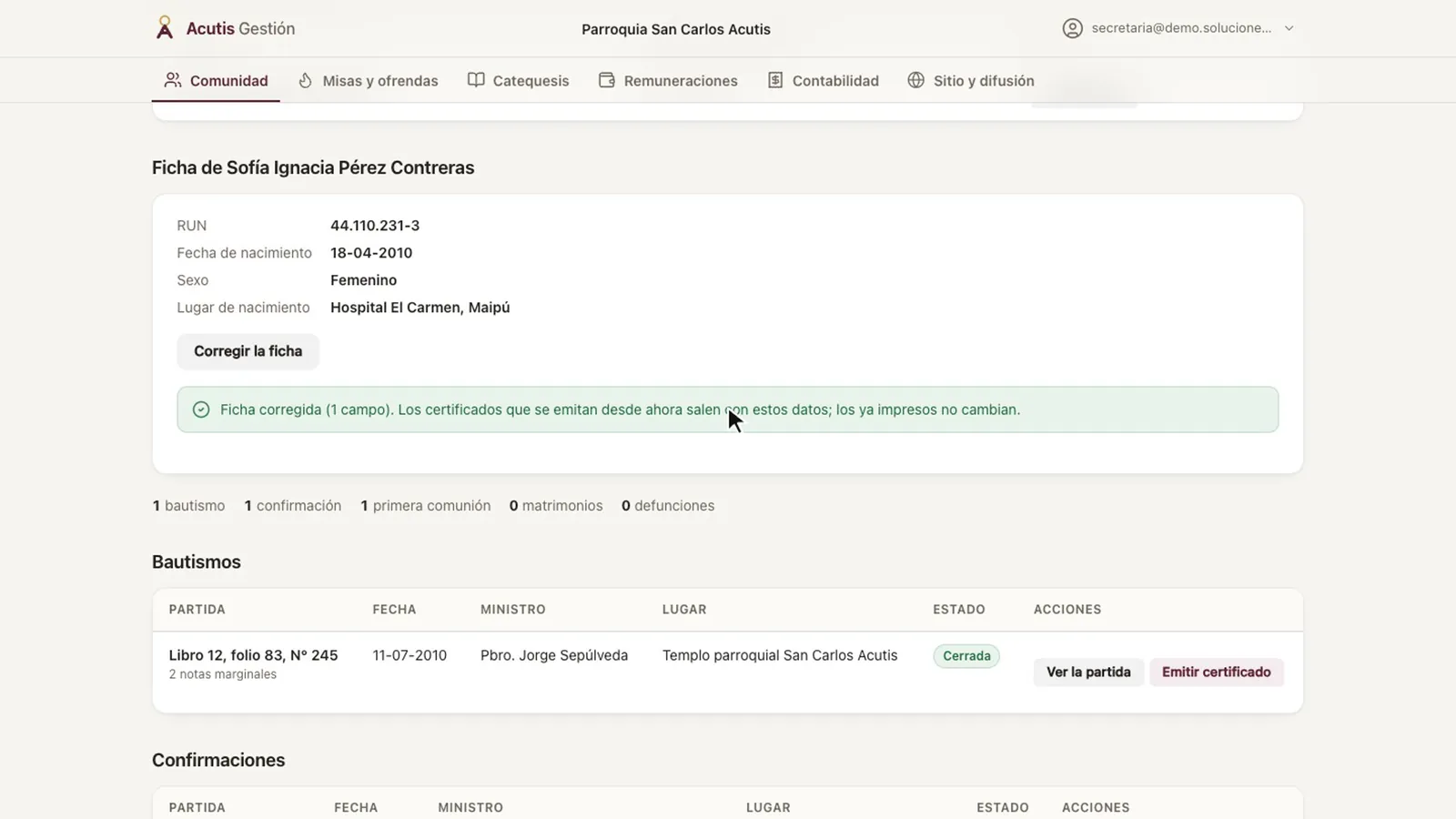 Ficha de una persona con el aviso «Ficha corregida (1 campo)»