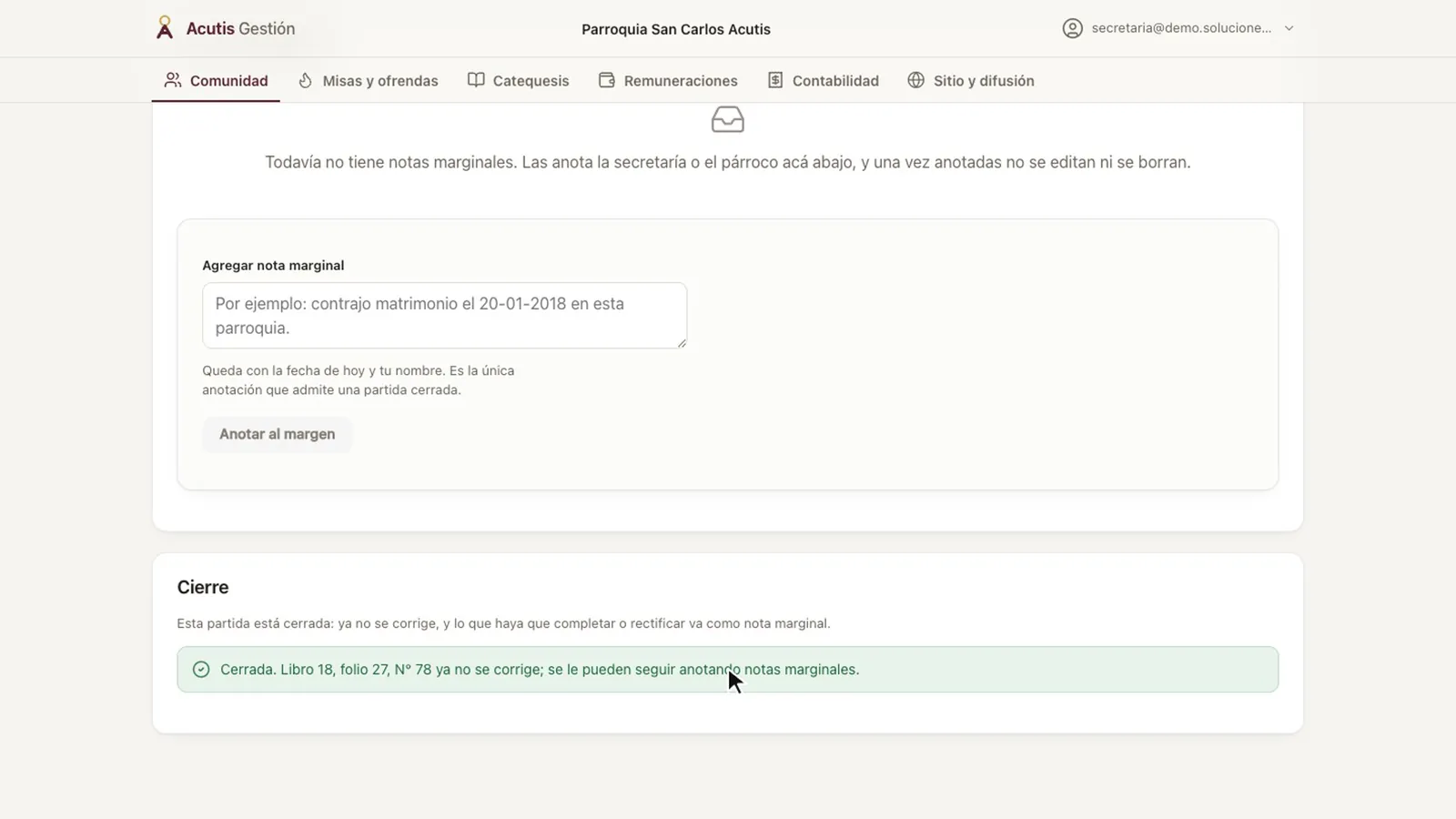Aviso de partida cerrada: ya no se corrige y se le pueden seguir anotando notas marginales