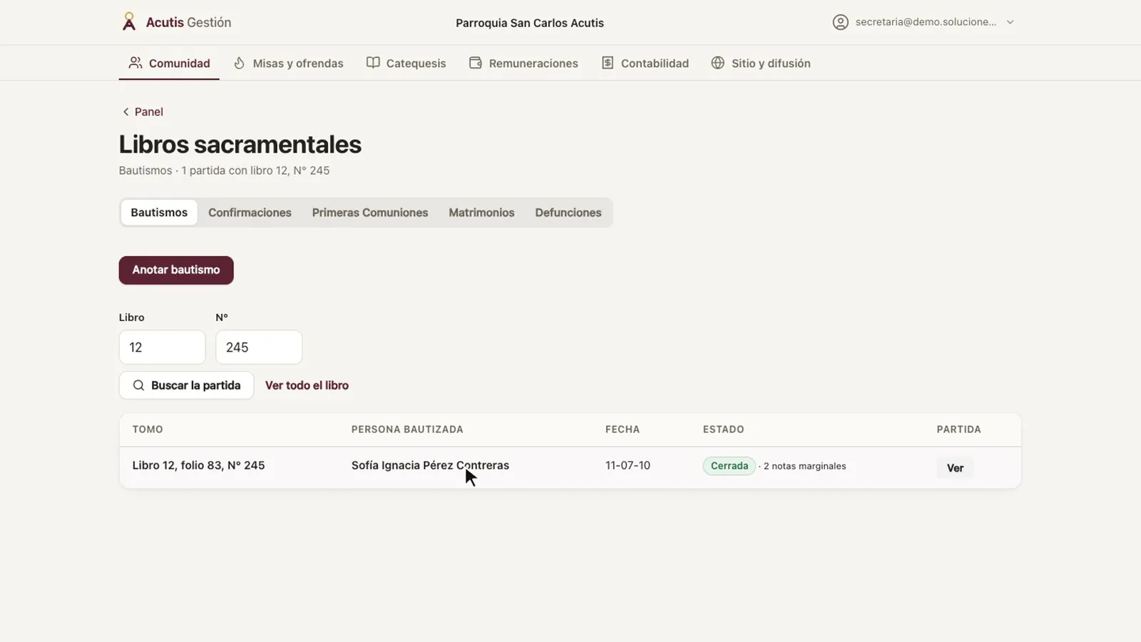 Libro de bautismos con la búsqueda por libro y número y la partida encontrada