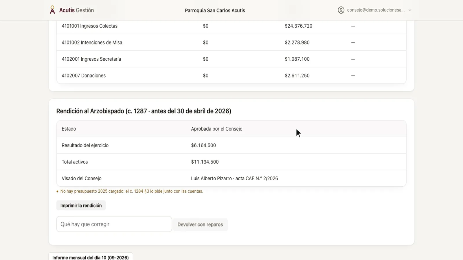Rendición al Arzobispado en estado «Aprobada por el Consejo» con el visado y el acta