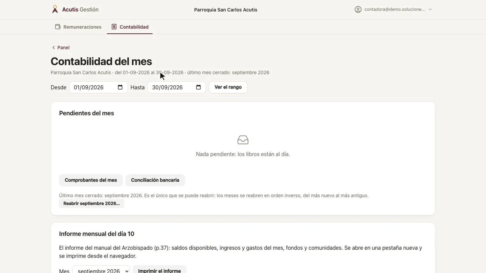 «Contabilidad del mes» con «Nada pendiente: los libros están al día» y septiembre como último mes cerrado