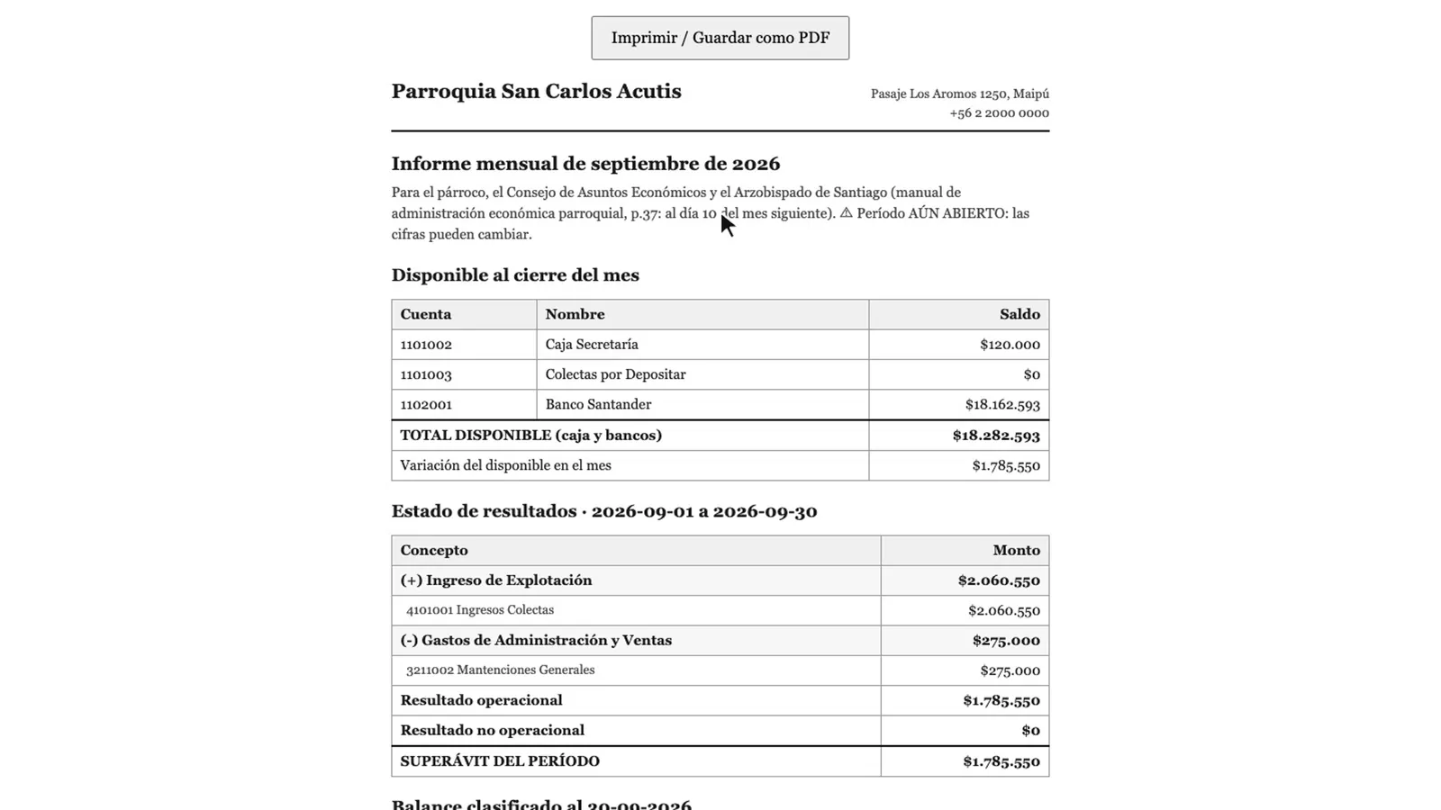 Informe mensual impreso con el disponible al cierre del mes y el estado de resultados