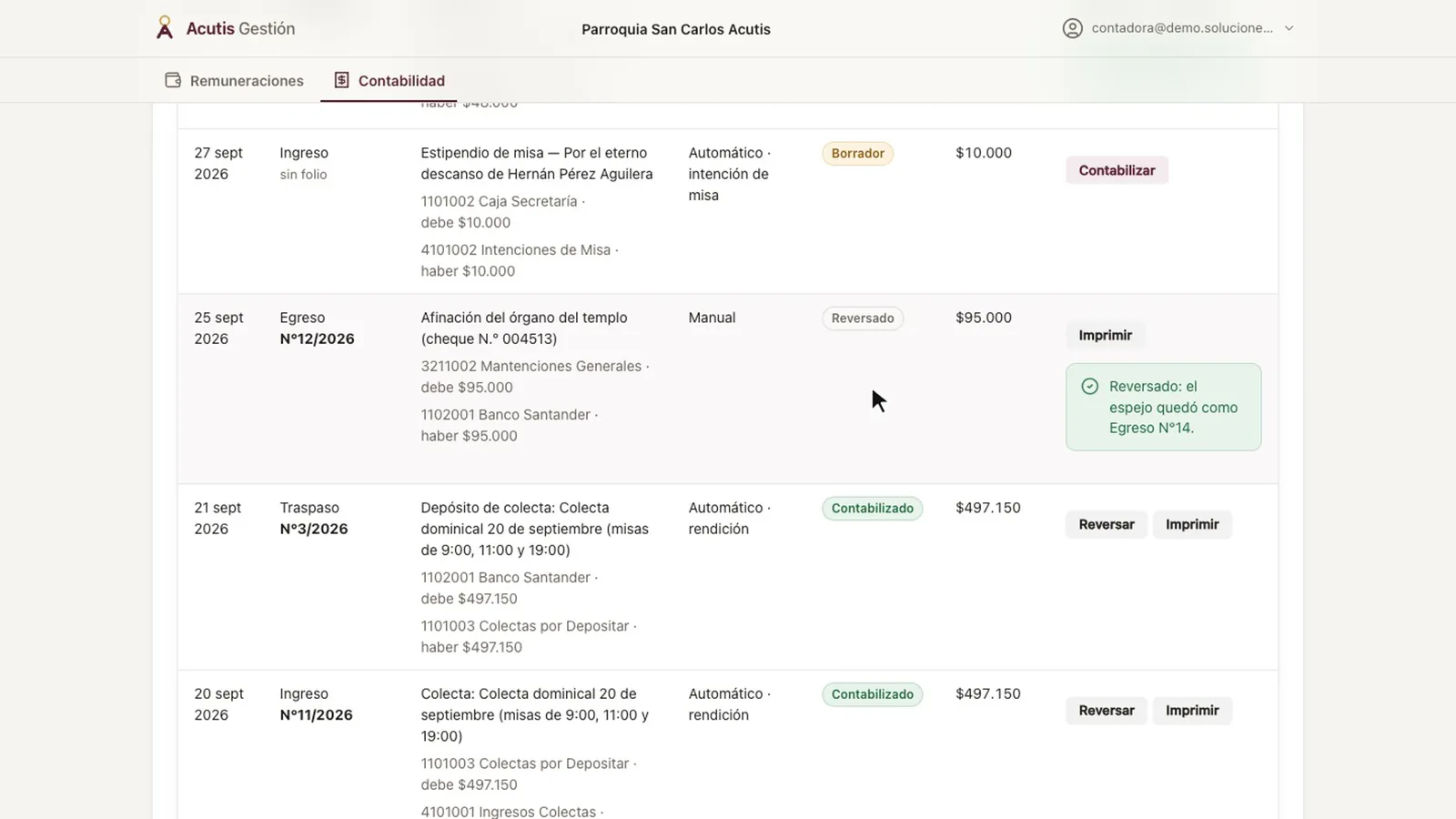 Comprobante en estado «Reversado» con el aviso de que el espejo quedó con un folio nuevo
