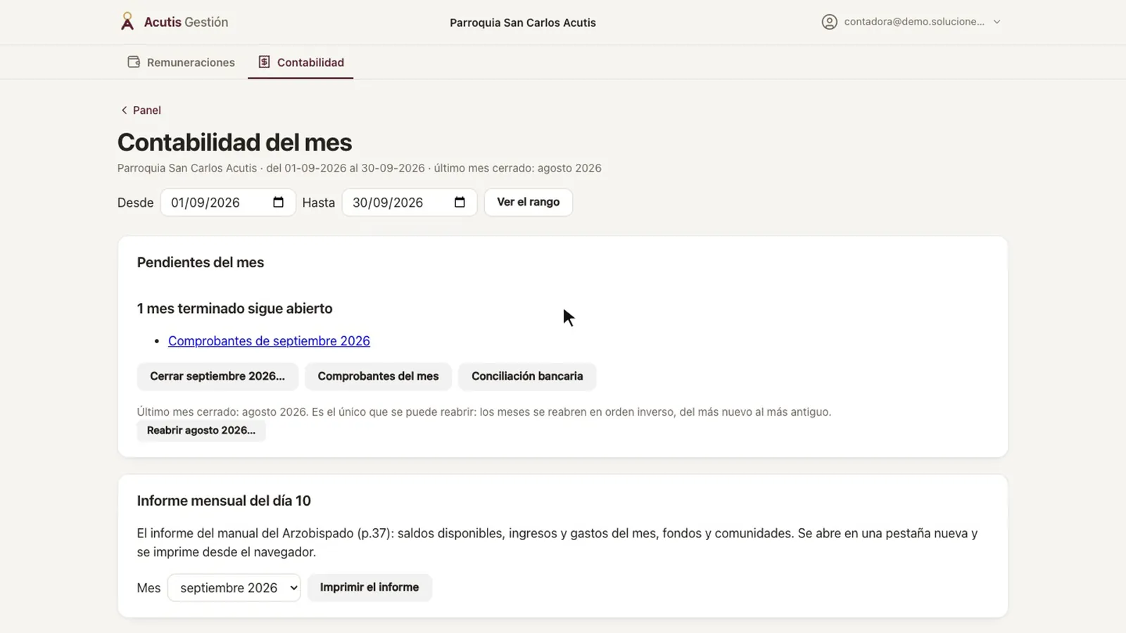 «Contabilidad del mes» con el rango de septiembre, los pendientes del mes y la sección del informe mensual del día 10