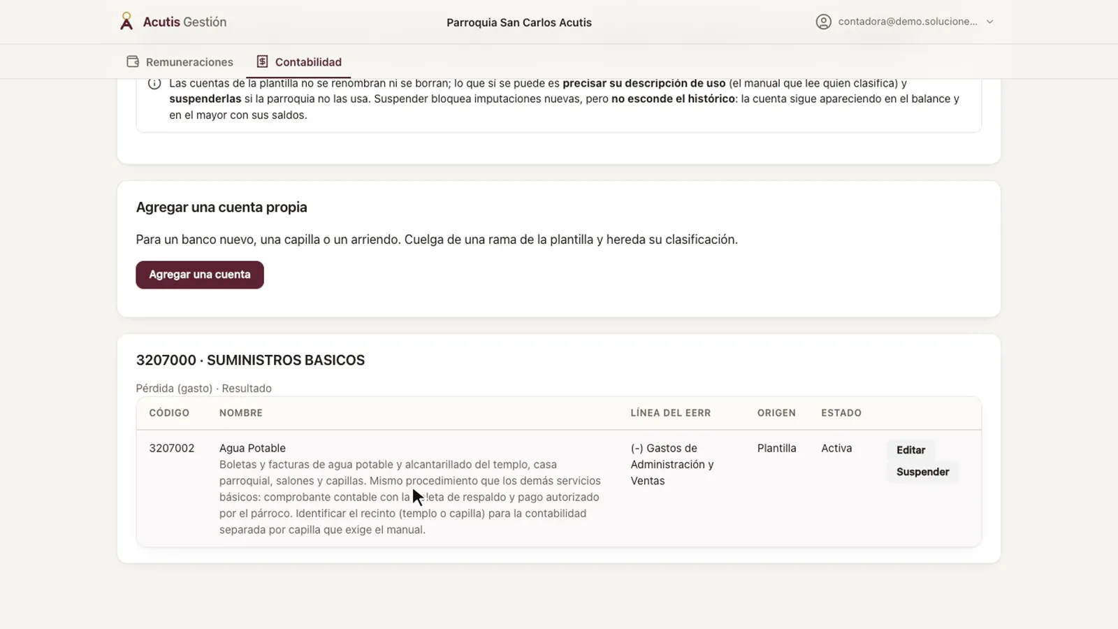 Plan de cuentas con «Agregar una cuenta propia» y una cuenta encontrada con sus botones «Editar» y «Suspender»