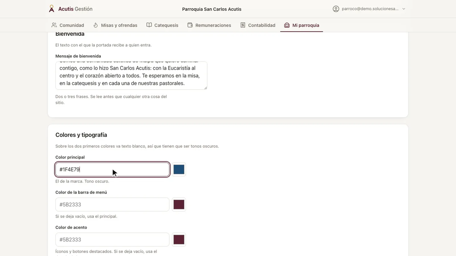 Sección «Colores y tipografía» de la ficha con un color principal nuevo