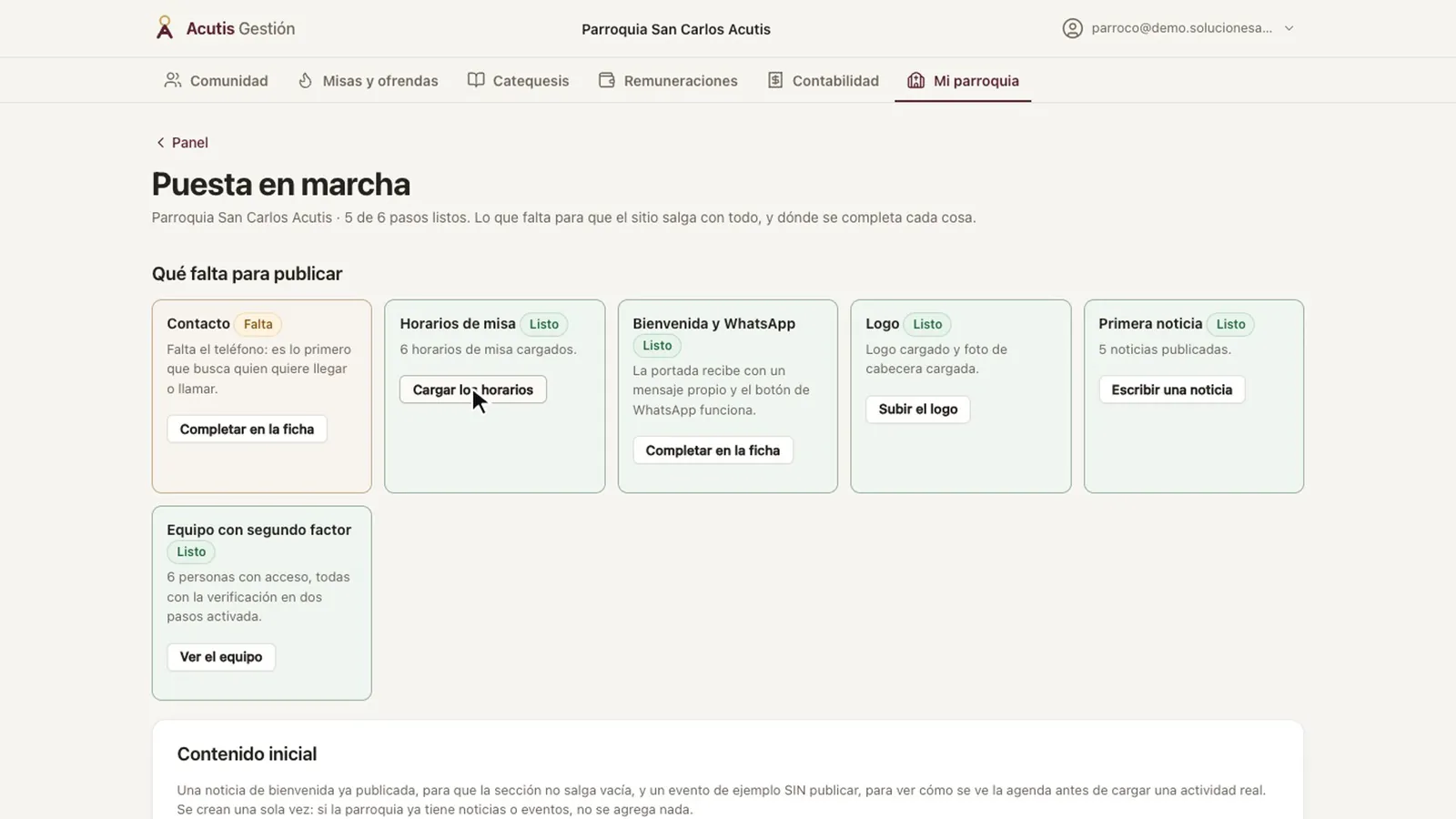 Puesta en marcha con cinco de seis pasos listos y el de contacto marcado «Falta»