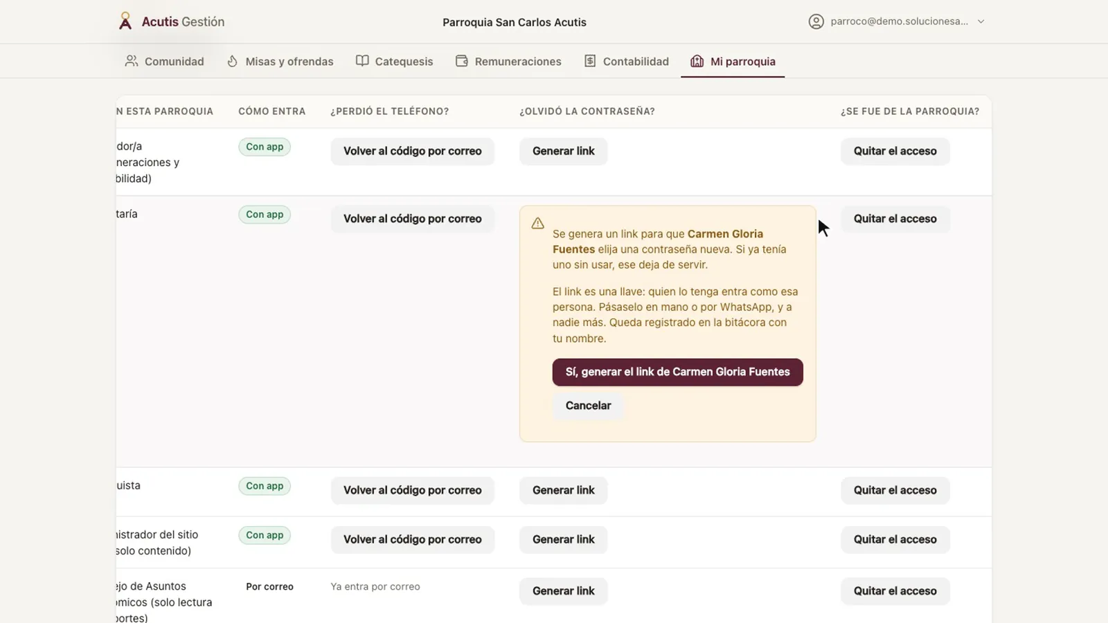 Confirmación para generar el link de contraseña, con el aviso de que el link es una llave