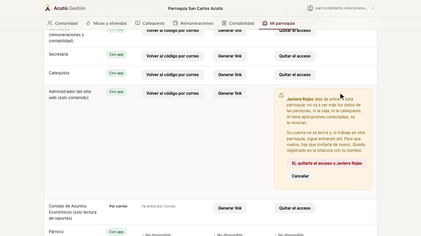 Confirmación para quitarle el acceso a una persona, que explica que su cuenta no se borra