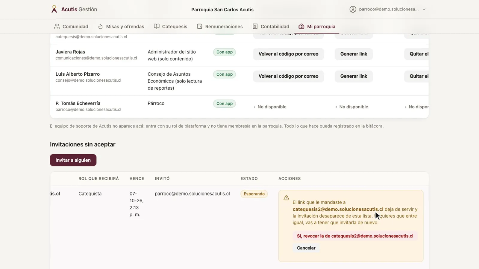 Confirmación para revocar una invitación sin aceptar