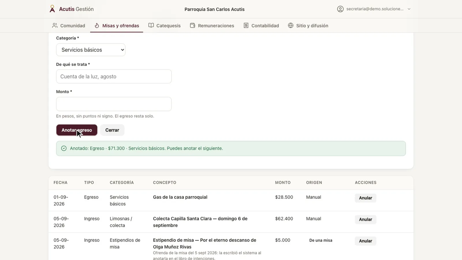 Formulario de egreso con el aviso «Anotado» y la lista de movimientos debajo