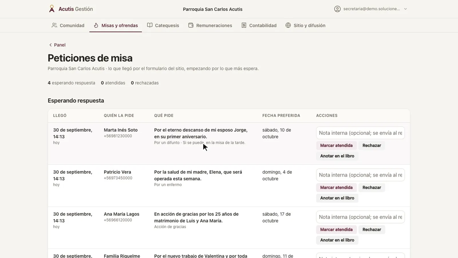 Bandeja «Esperando respuesta» con quién pide, qué pide, la fecha preferida y las acciones de cada petición