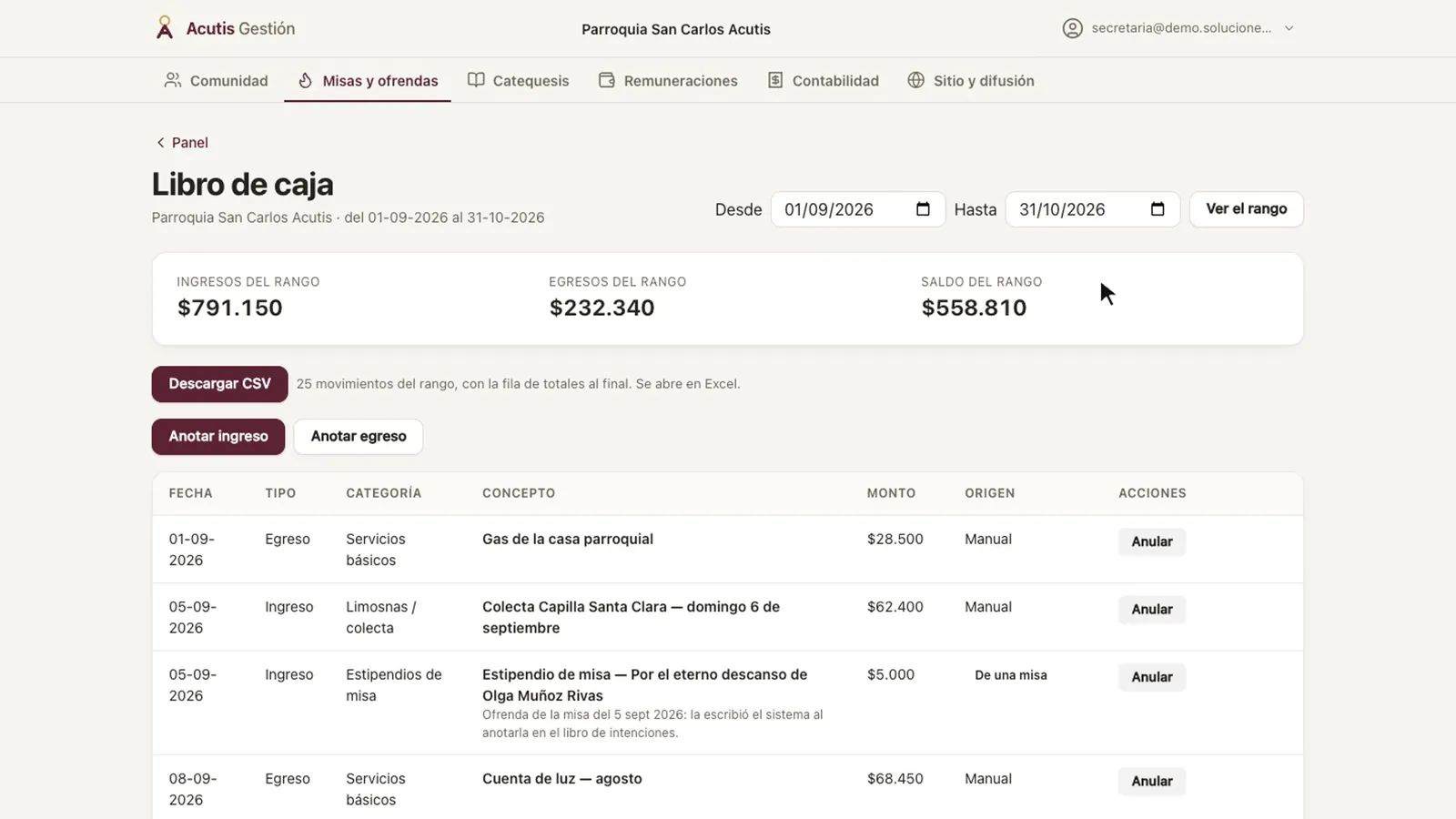 Libro de caja con el rango de fechas, los totales del período y el botón «Descargar CSV»