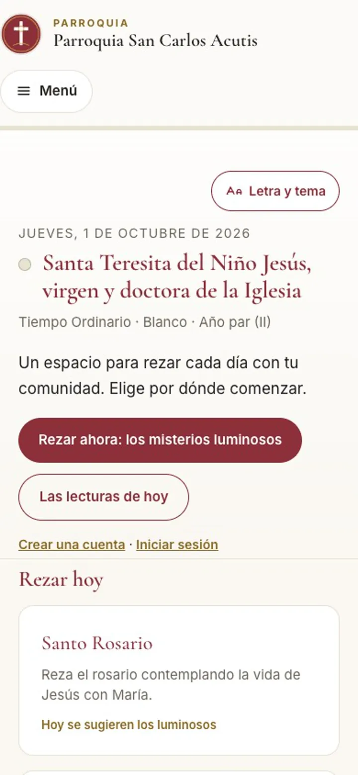 Portada de Orar en el teléfono, con el día litúrgico y los atajos para rezar el rosario y leer las lecturas de hoy