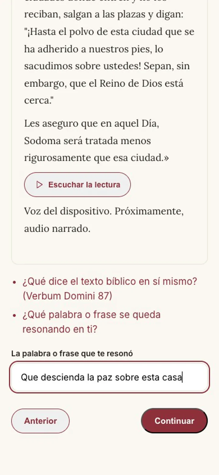 Paso de la lectio divina con la frase del Evangelio que resonó, escrita en el campo