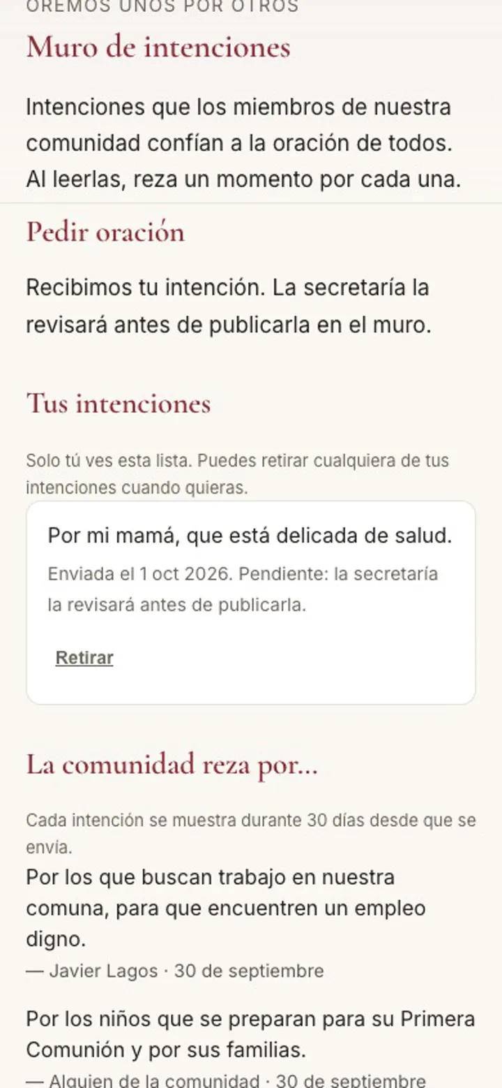 Muro de intenciones con la intención recién enviada, pendiente de revisión, y el enlace para retirarla