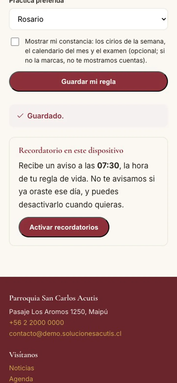 Regla guardada y tarjeta «Recordatorio en este dispositivo» con el botón «Activar recordatorios»