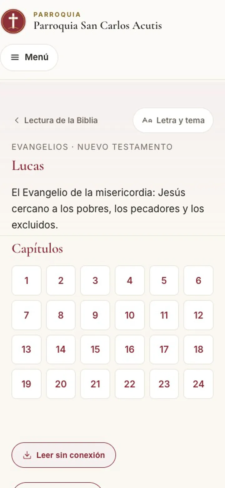 Libro de Lucas en la Biblia, con sus capítulos y el botón «Leer sin conexión»