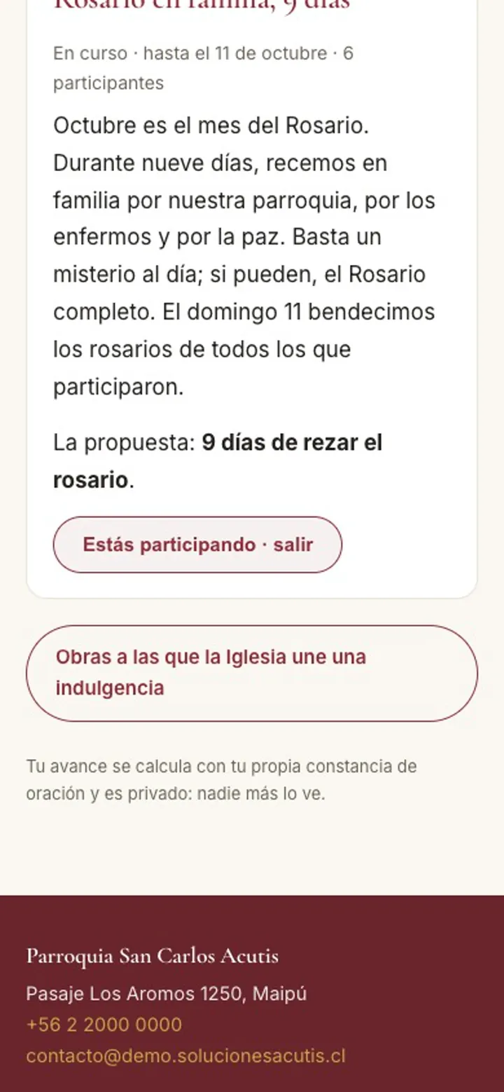 Reto de oración con el botón «Estás participando · salir» y la nota de que el avance es privado