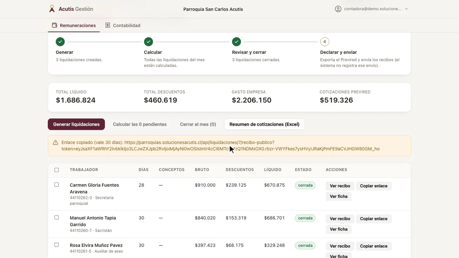 Mes cerrado con el aviso «Enlace copiado (vale 30 días)» y el botón «Resumen de cotizaciones (Excel)»
