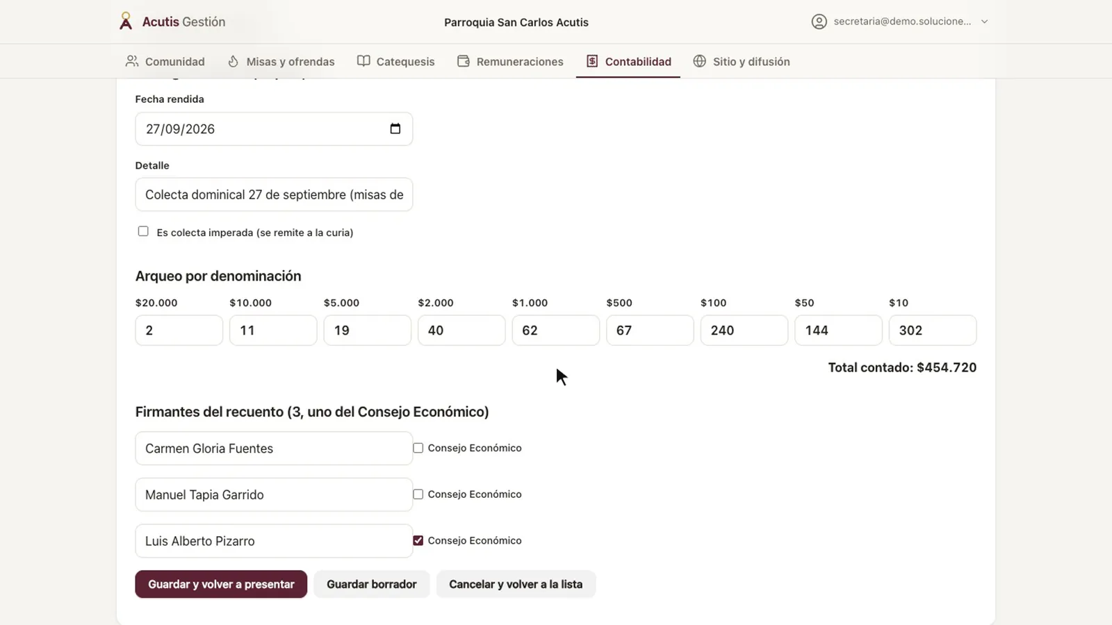 Formulario de colecta abierto para corregir, con el arqueo corregido, el total contado y el botón «Guardar y volver a presentar»