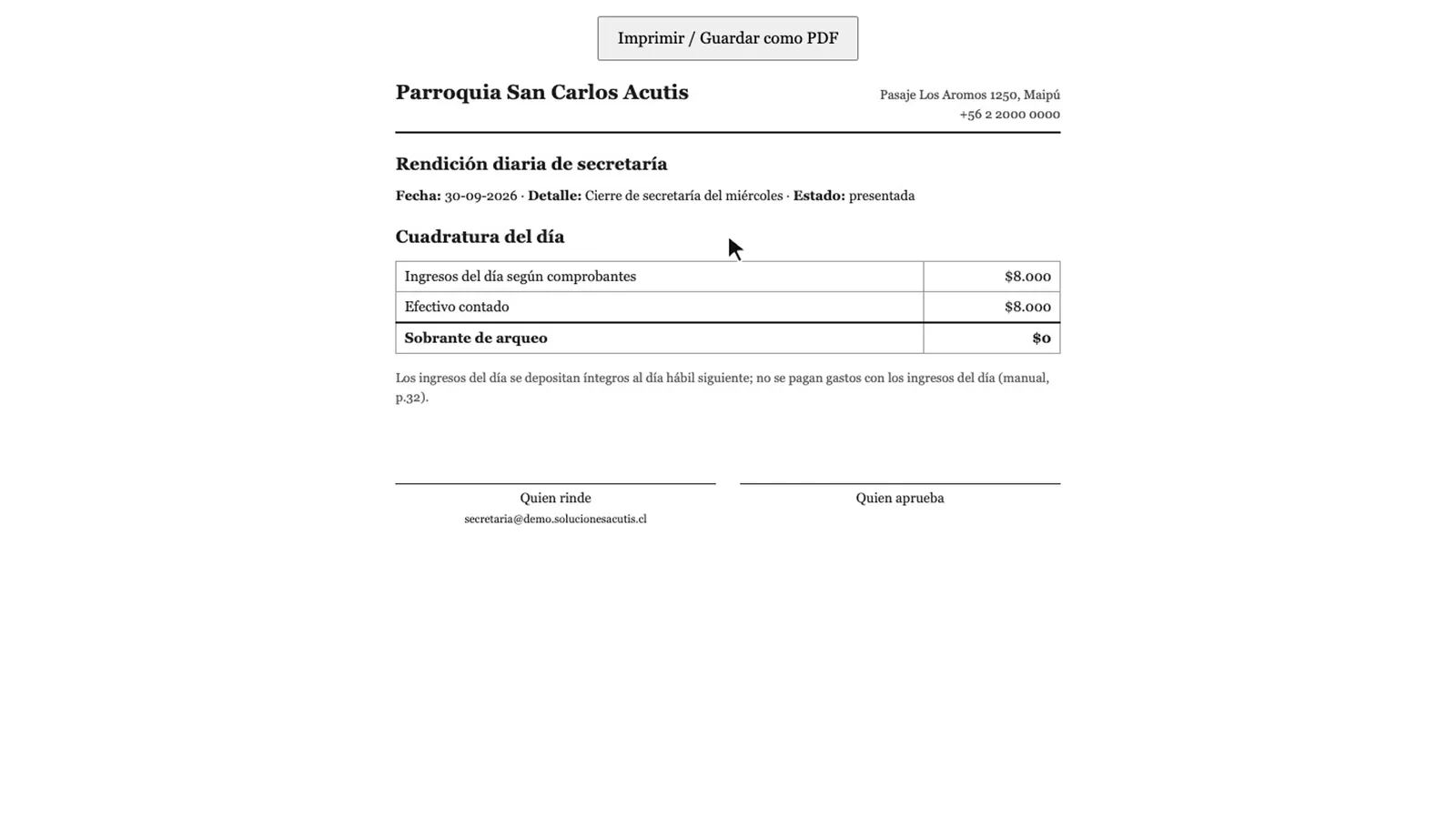 Formulario impreso de la rendición diaria de secretaría con la cuadratura: ingresos según comprobantes y efectivo contado