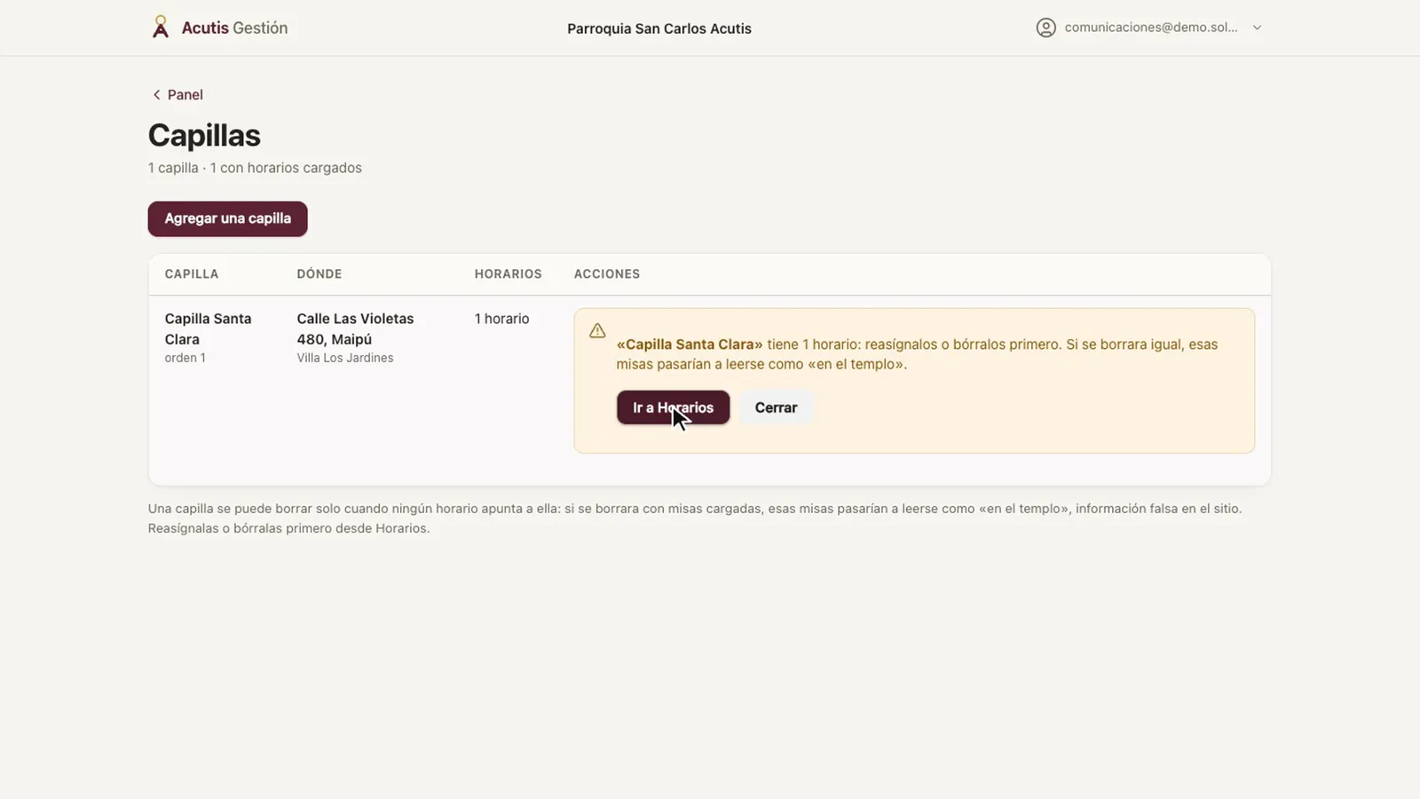 Lista de capillas con el aviso de que una capilla con horarios no se puede borrar