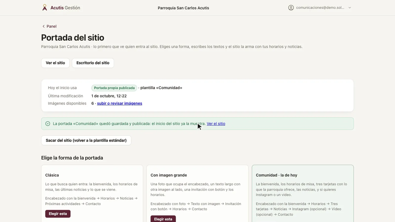 Portada del sitio con el aviso de que la portada quedó guardada y publicada, y las tres formas para elegir