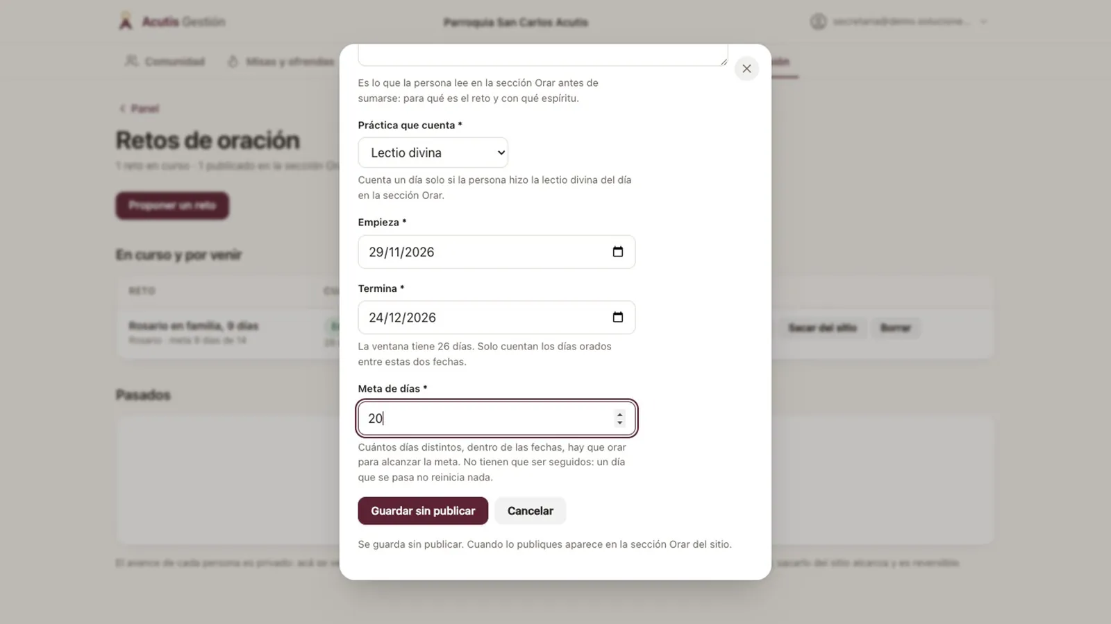 Formulario de reto con la práctica que cuenta, las fechas y la meta de días