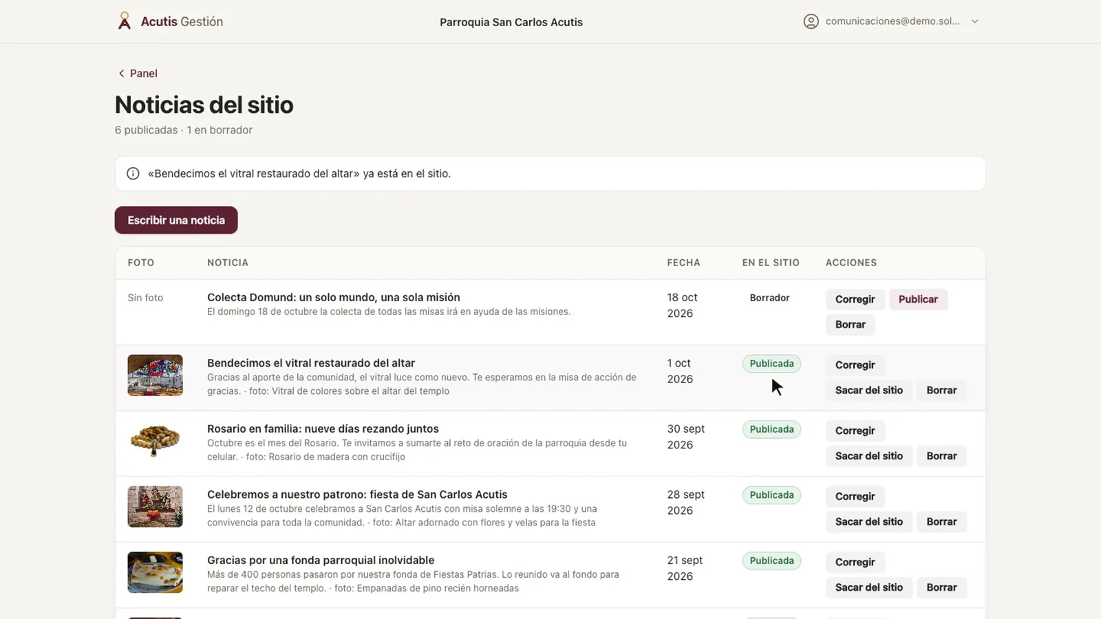 Lista de noticias con el aviso de que la noticia nueva ya está en el sitio