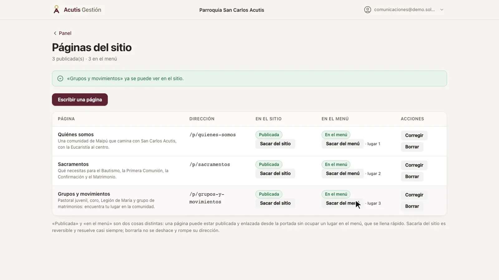 Lista de páginas con la página nueva publicada y en el menú, en el lugar 3