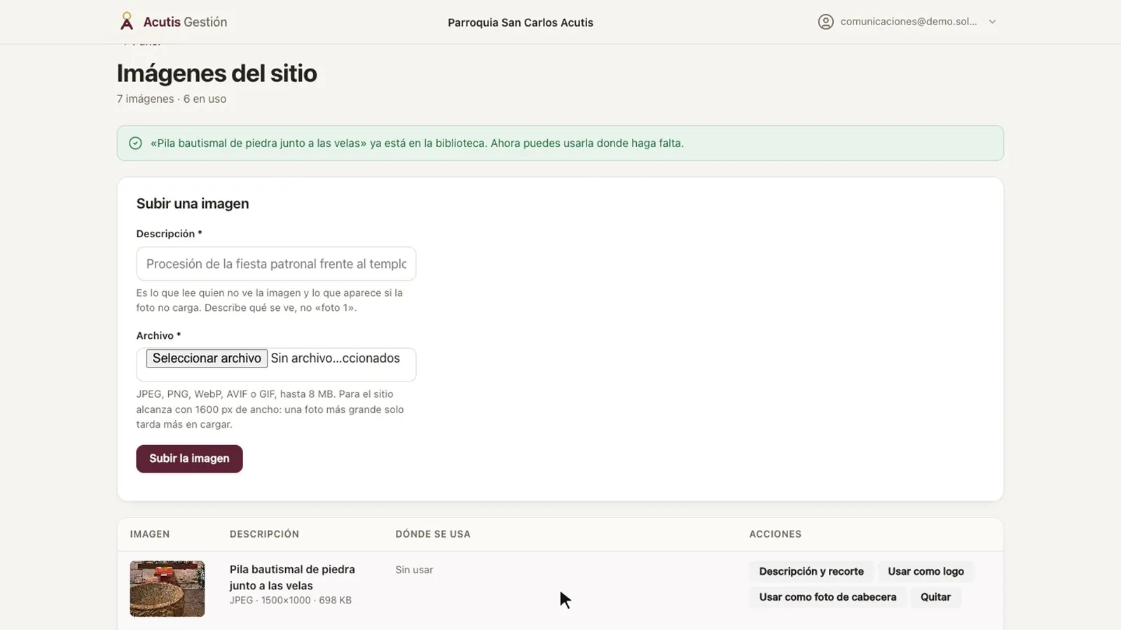 Imágenes del sitio con la foto recién subida en la lista, marcada «Sin usar»